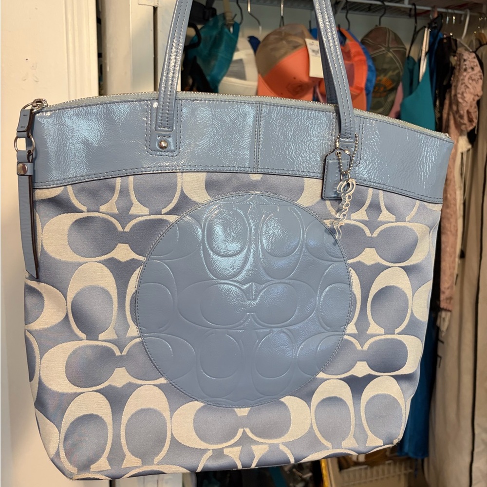 Coach Y2K Light Blue Jacquard Signature Print Tote Shoulder Bag M1182-F18335